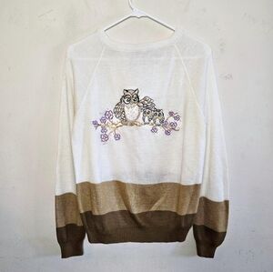 Vintage Cyn Les 70s Owl Sweater Women's Size XL Embroidered Cottagecore Knit